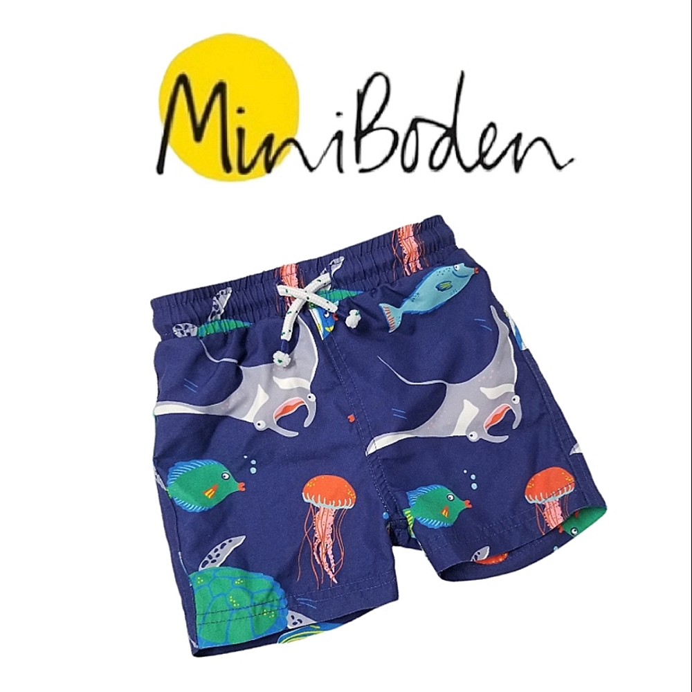 Mini Boden Infant Cotton Swim Shorts Fish Print 6-9mo Liner Activewear Beach